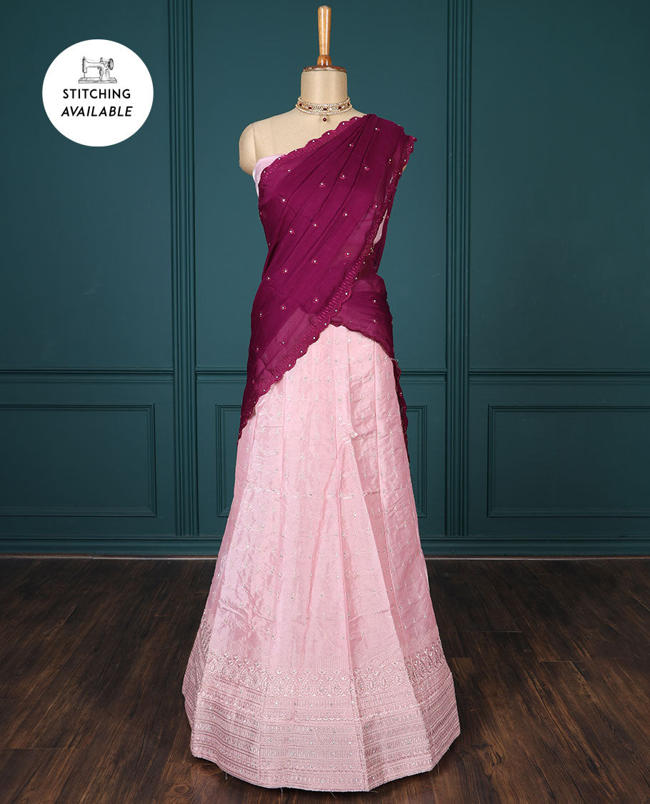 Pink embroidered half-saree, embroidered patch border, embroidered blouse & contrast scallop embroidered dhavani