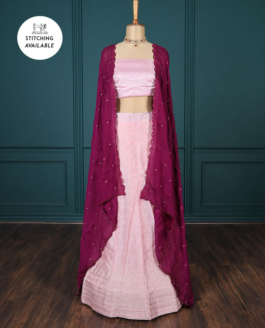 Pink embroidered half-saree, embroidered patch border, embroidered blouse & contrast scallop embroidered dhavani