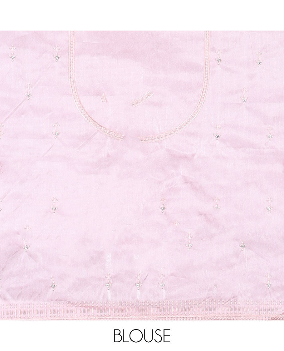 Pink embroidered half-saree, embroidered patch border, embroidered blouse & contrast scallop embroidered dhavani