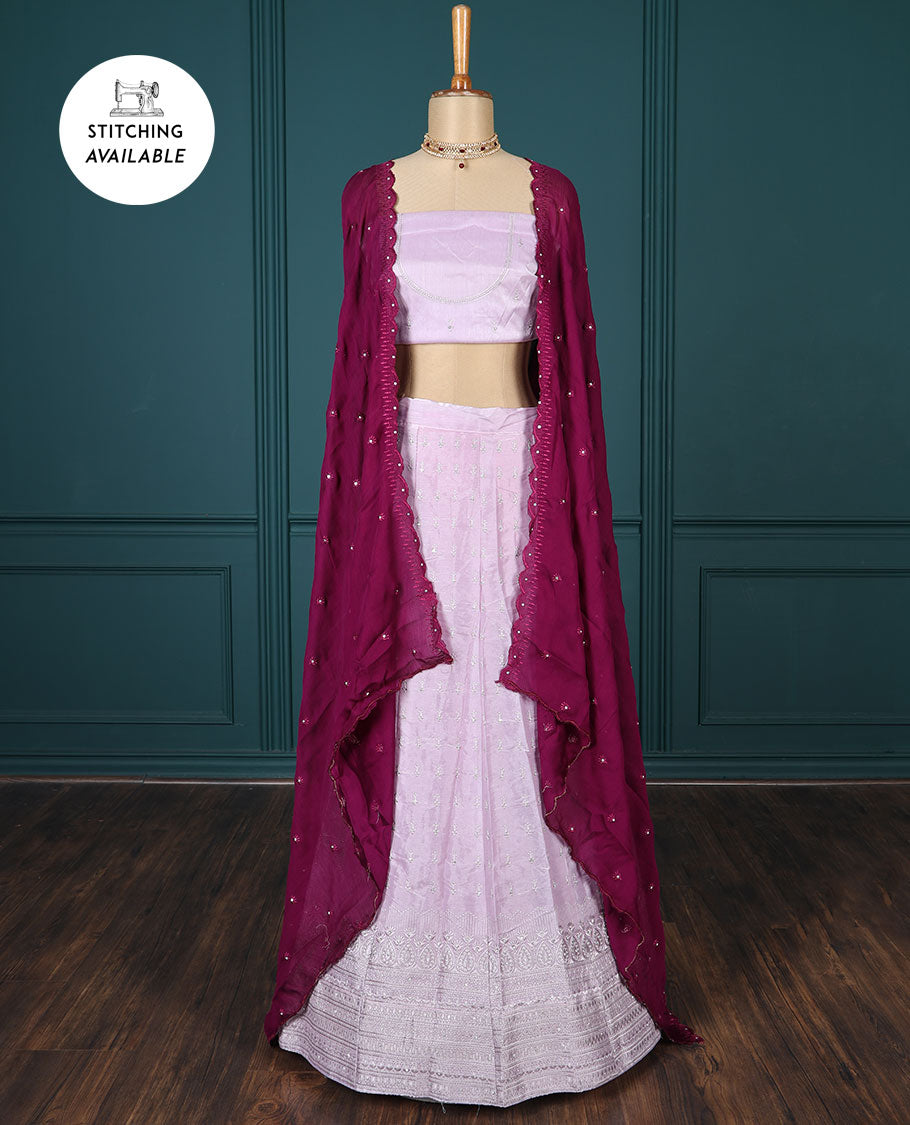 Pink embroidered half-saree, embroidered patch border, embroidered blouse & contrast scallop embroidered dhavani