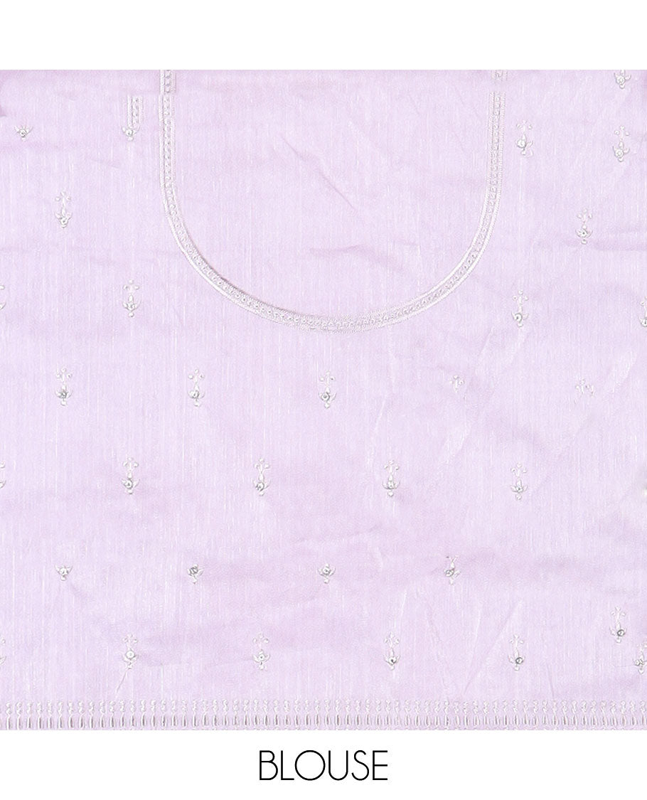 Pink embroidered half-saree, embroidered patch border, embroidered blouse & contrast scallop embroidered dhavani
