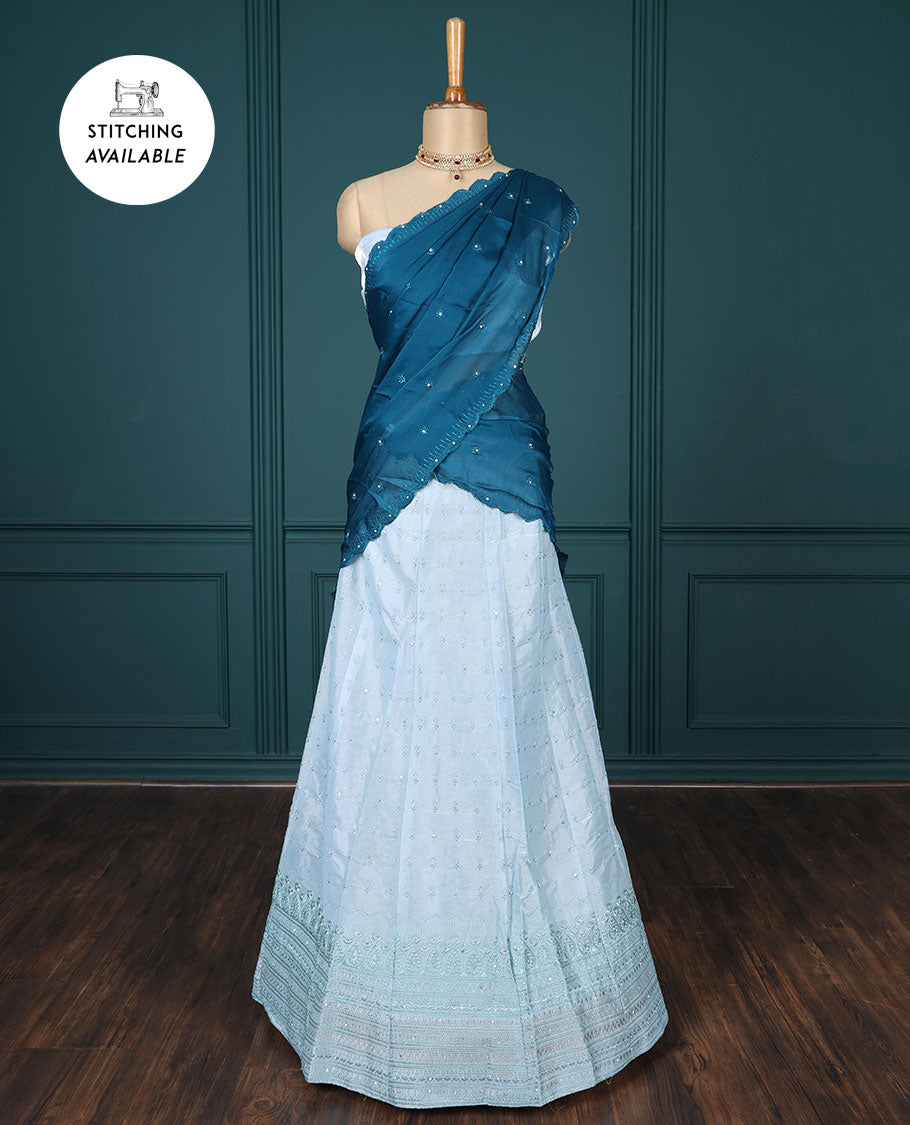 Blue embroidered half-saree, embroidered patch border, embroidered blouse & contrast scallop embroidered dhavani