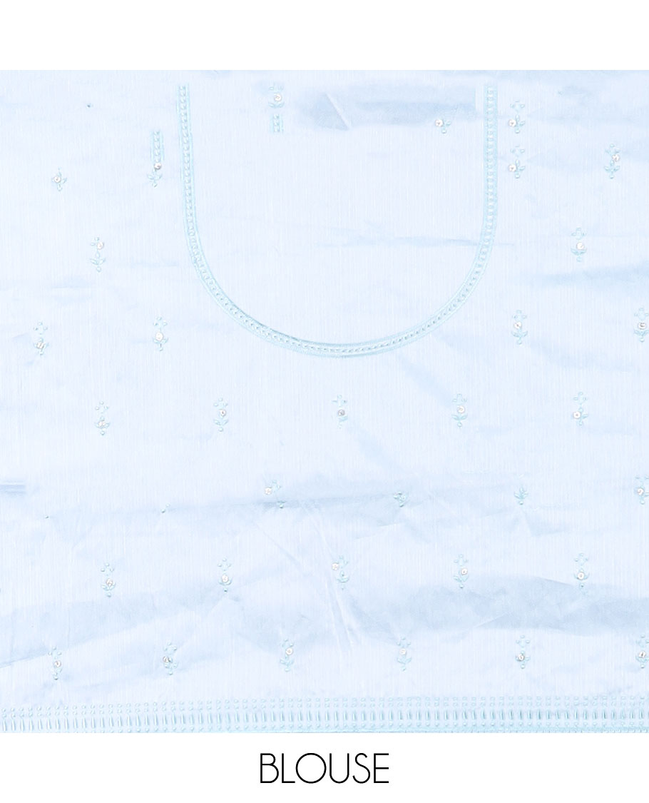 Blue embroidered half-saree, embroidered patch border, embroidered blouse & contrast scallop embroidered dhavani