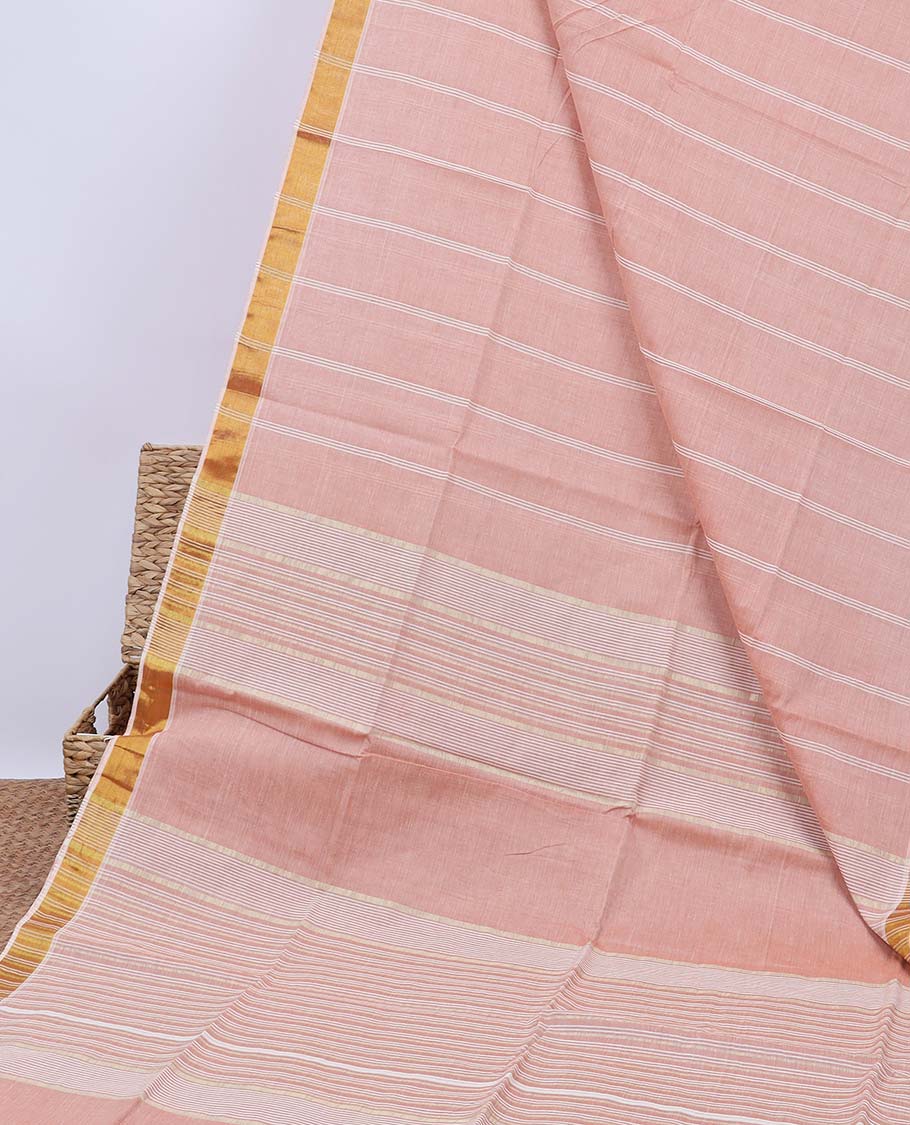 Pale pink striped jute cotton saree, self-border & pallu of stripes 