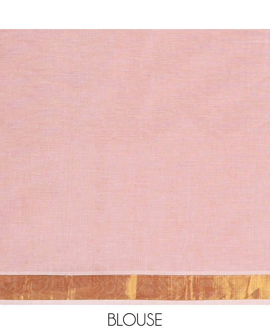 Pale pink striped jute cotton saree, self-border & pallu of stripes 