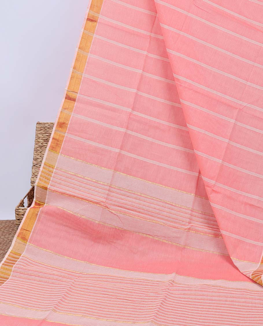 Pink striped jute cotton saree, self-border & pallu of stripes 