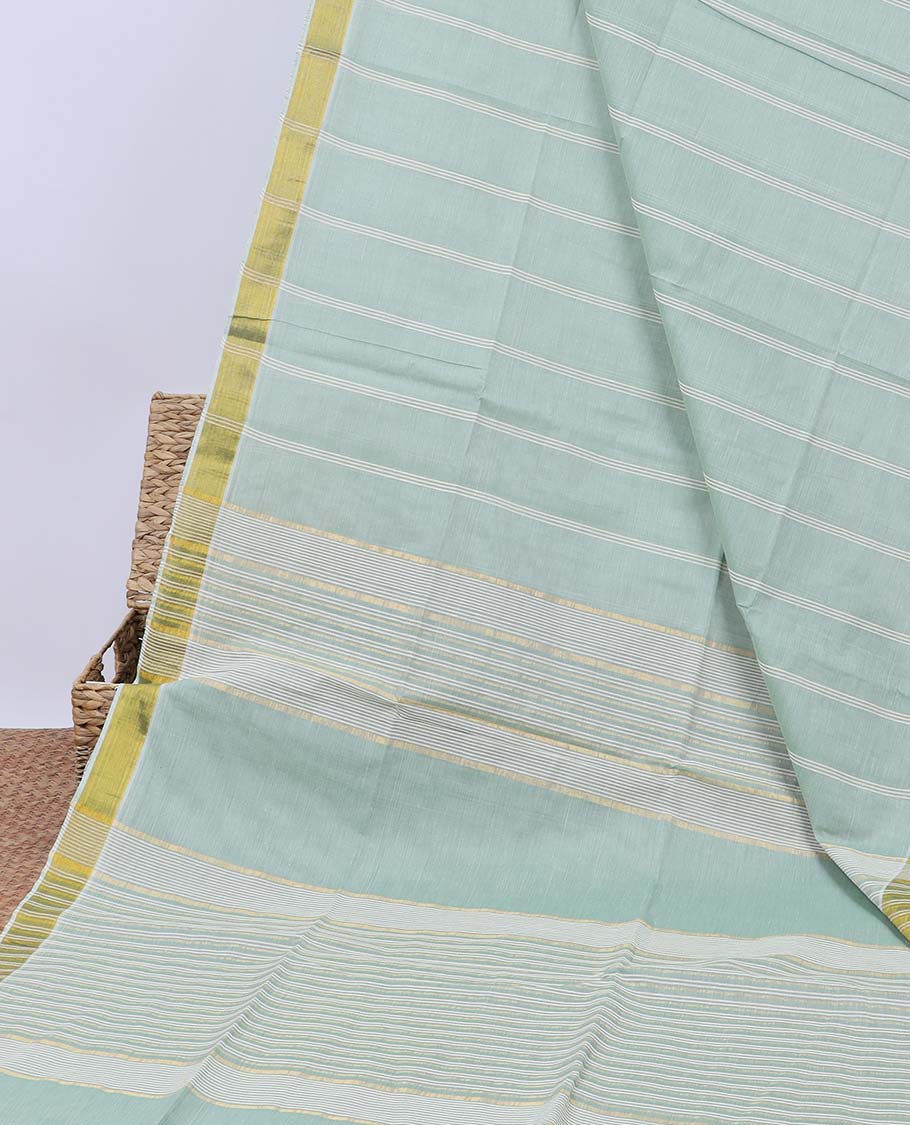 Pale green striped jute cotton saree, self-border & pallu of stripes 