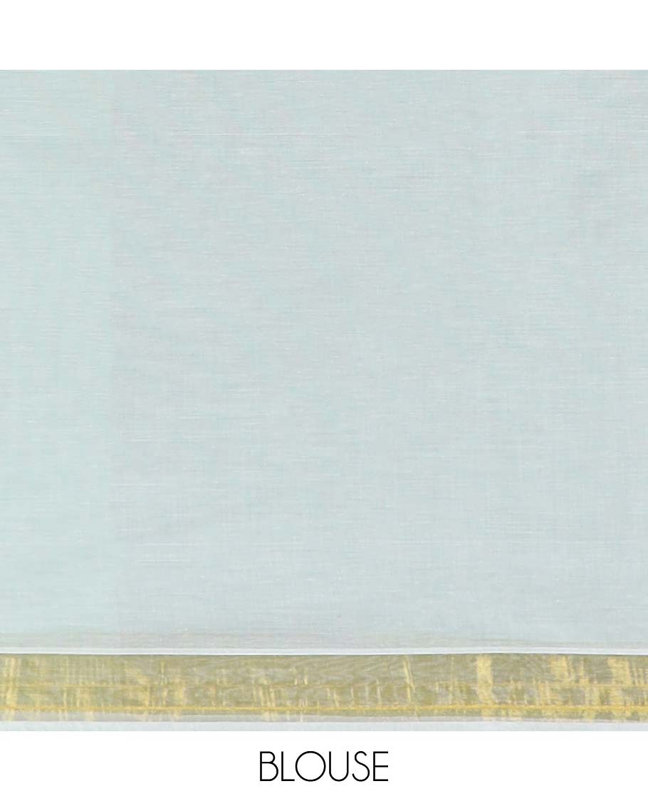 Pale green striped jute cotton saree, self-border & pallu of stripes 