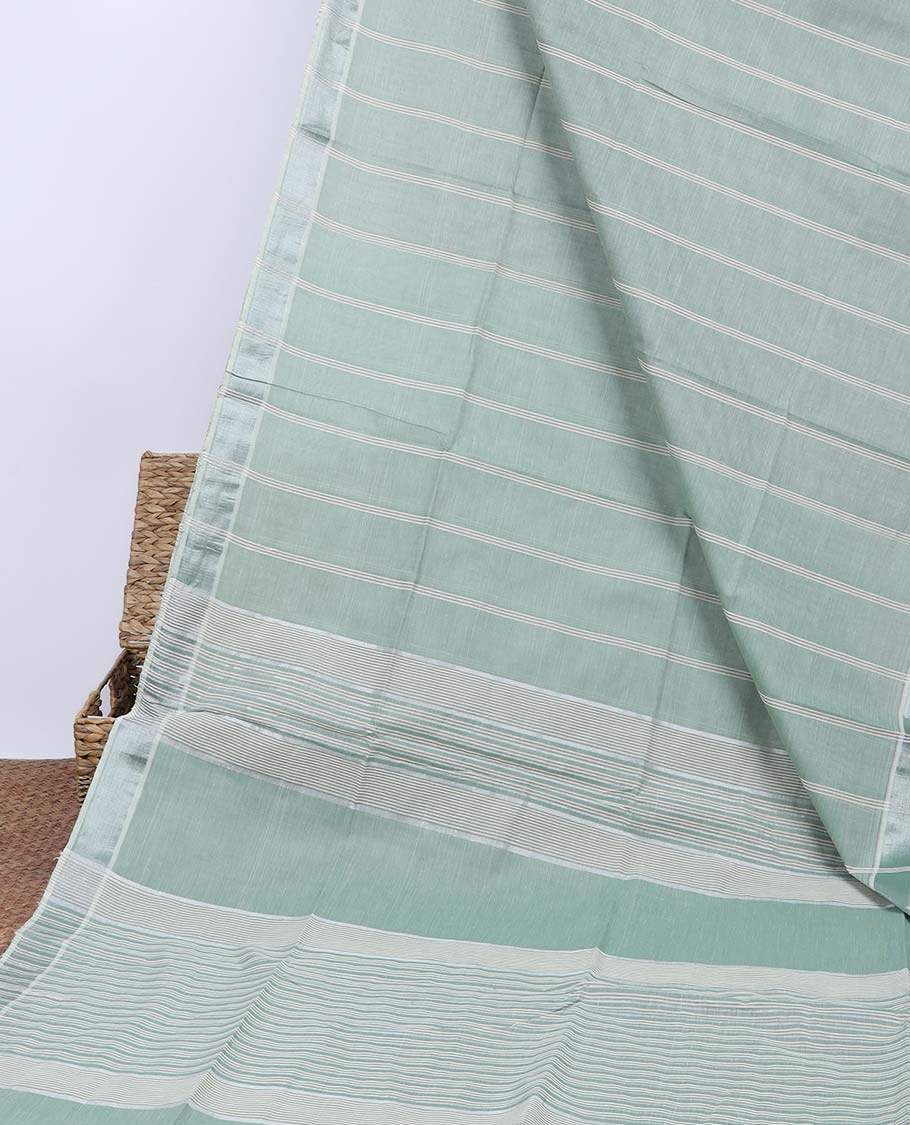 Green striped jute cotton saree, self-border & pallu of stripes 