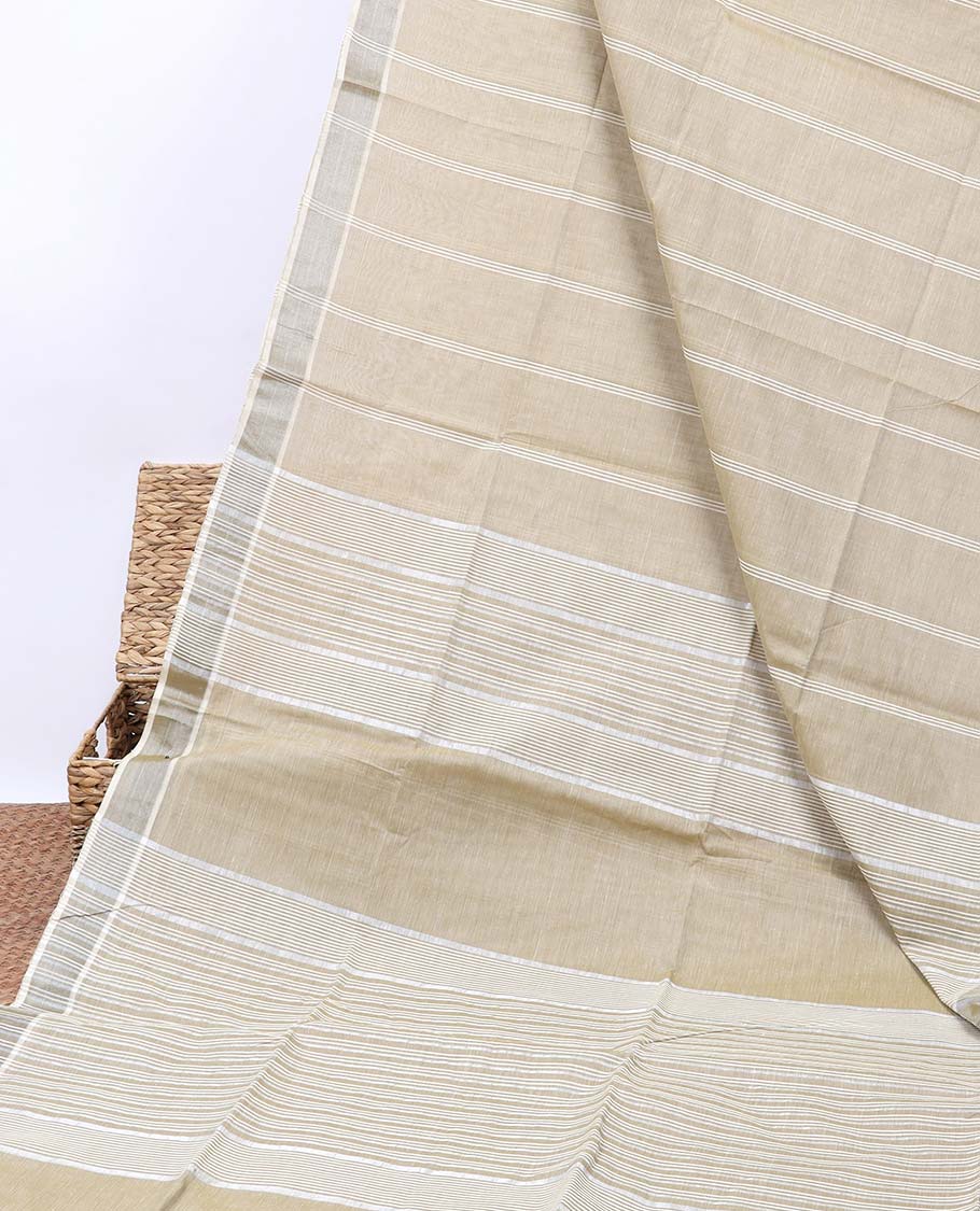 Beige striped jute cotton saree, self-border & pallu of stripes 