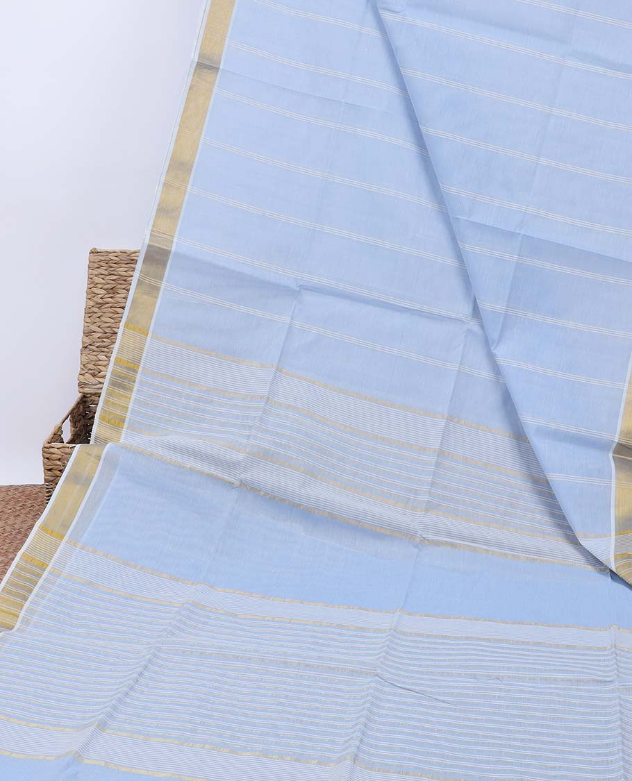 Pale blue striped jute cotton saree, self-border & pallu of stripes 