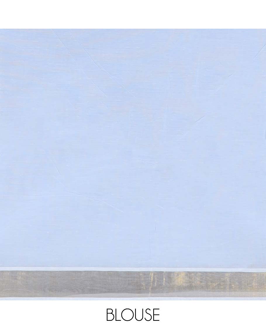 Pale blue striped jute cotton saree, self-border & pallu of stripes 