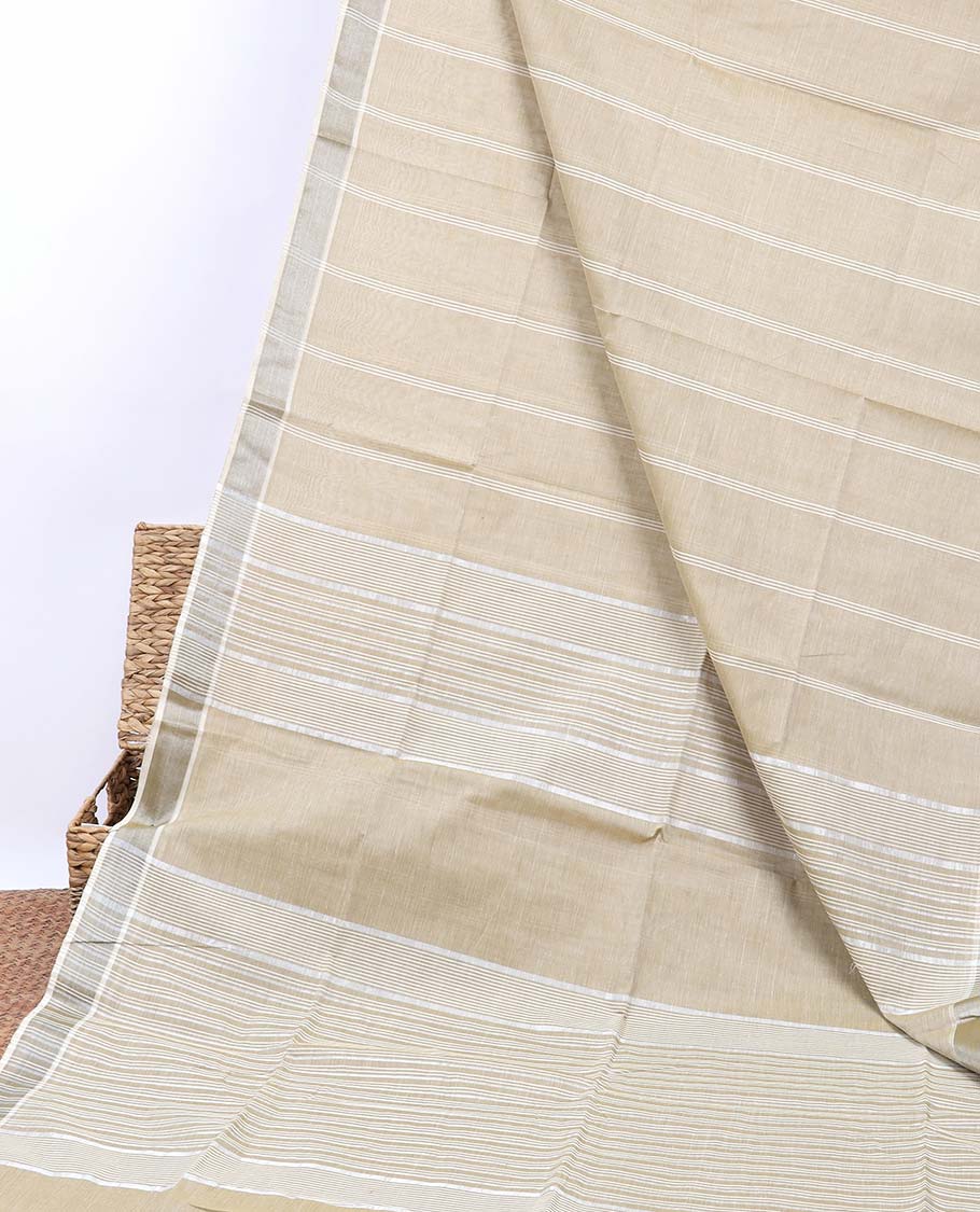 Beige striped jute cotton saree, self-border & pallu of stripes 
