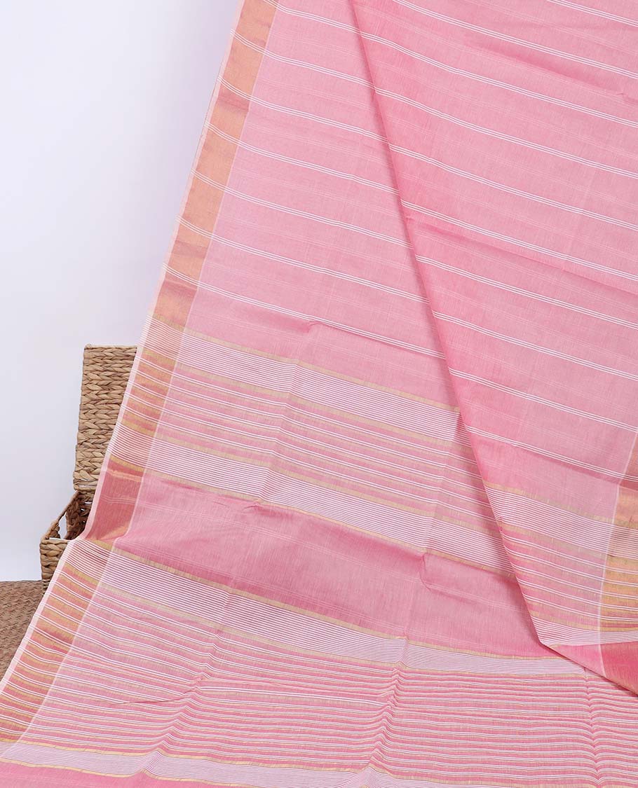 Pink striped jute cotton saree, self-border & pallu of stripes 