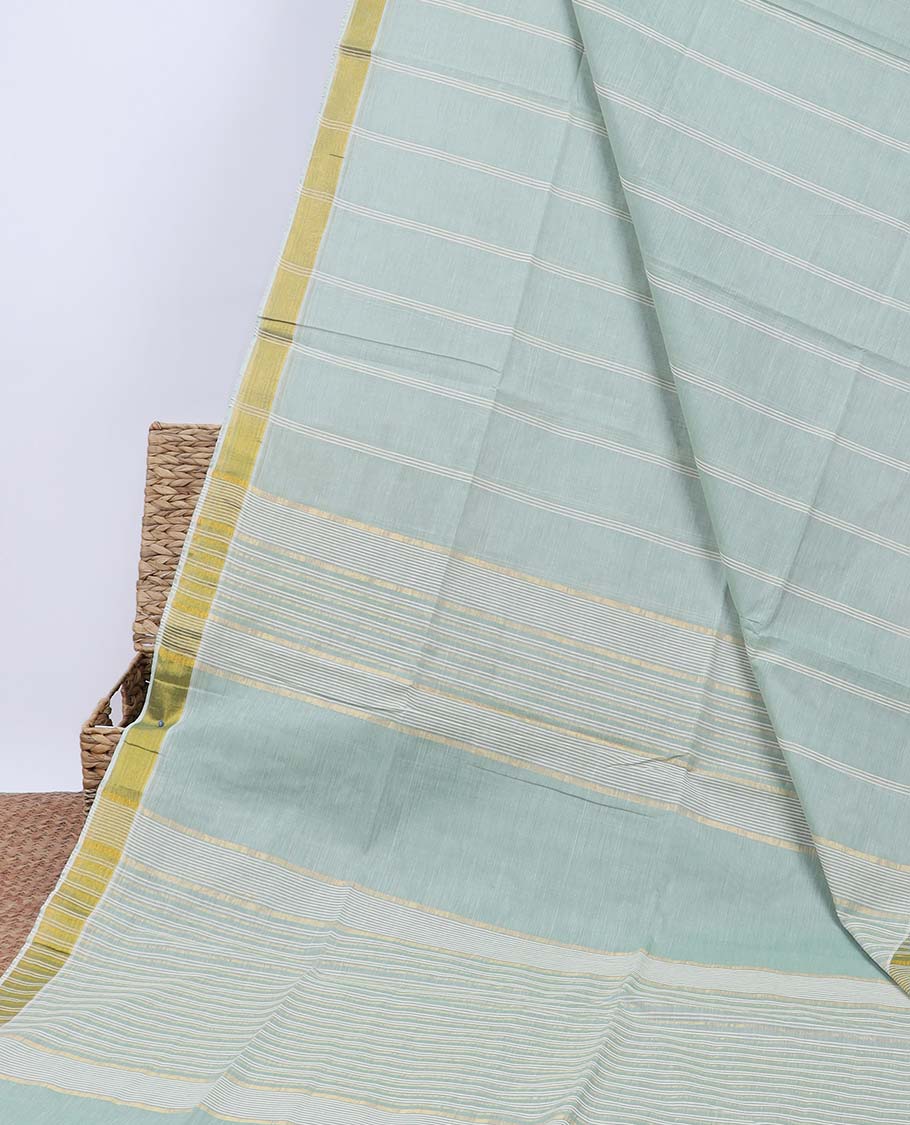 Pale green striped jute cotton saree, self-border & pallu of stripes 