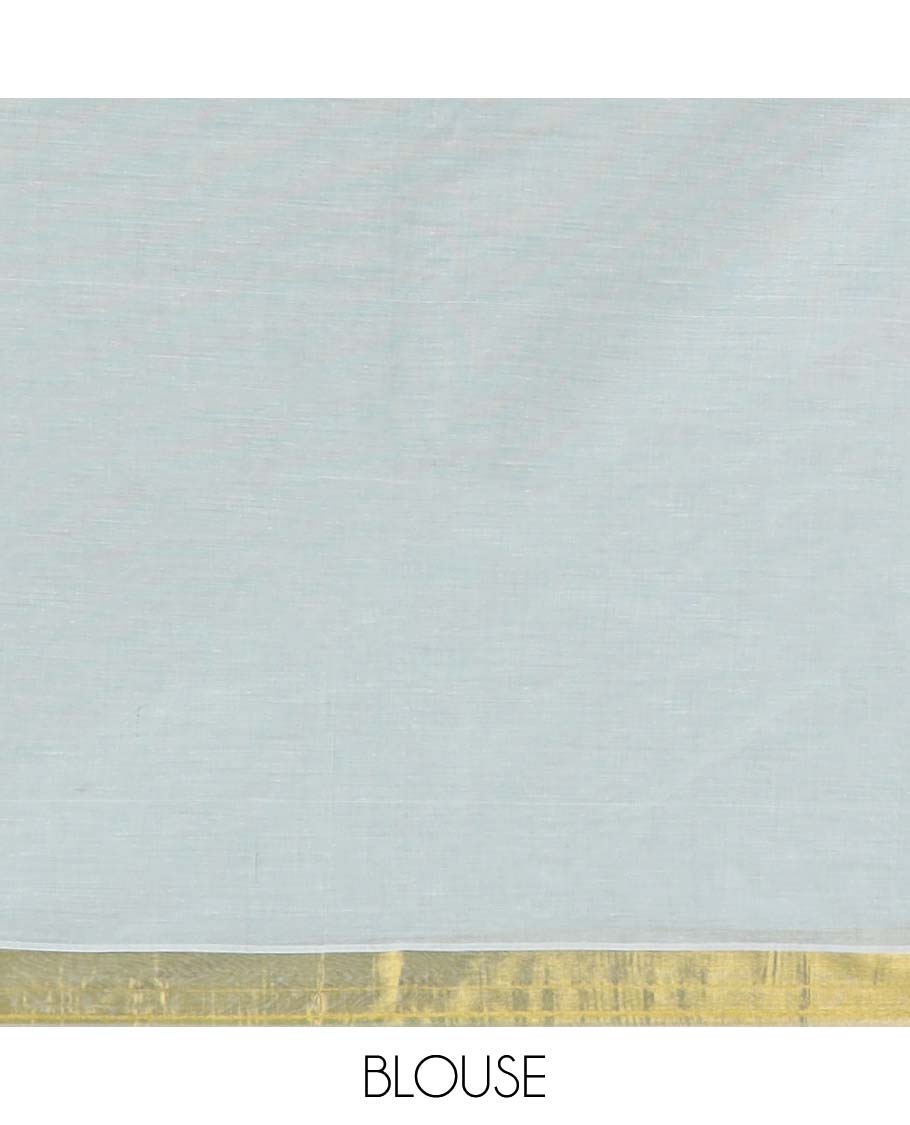 Pale green striped jute cotton saree, self-border & pallu of stripes 
