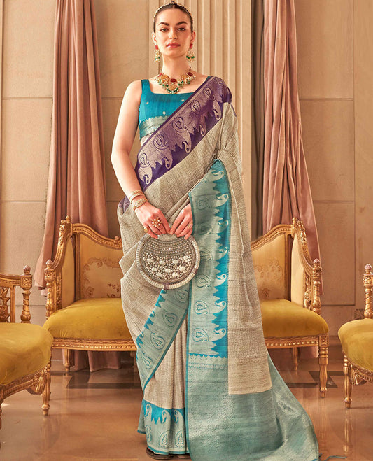 Beige geometric patterned saree, contrast ganga jamuna border of paisleys & pallu of jaal designs