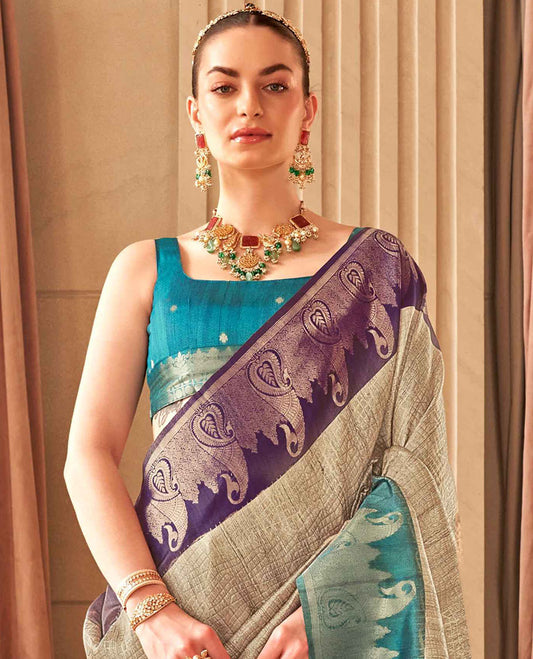Beige geometric patterned saree, contrast ganga jamuna border of paisleys & pallu of jaal designs