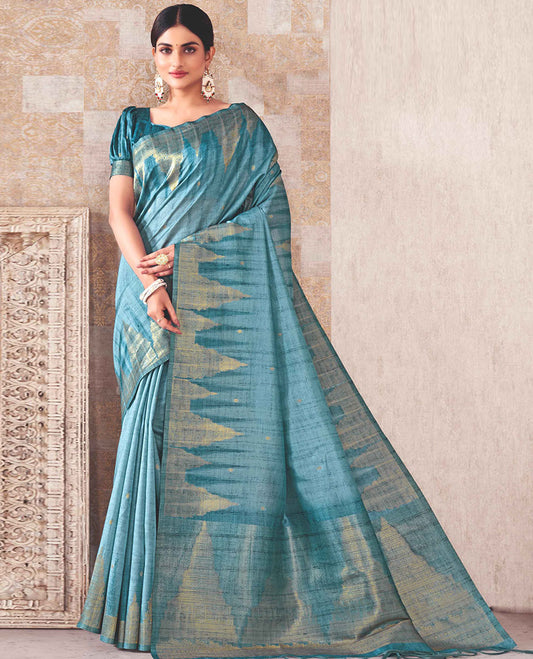 Borderless blue saree with buttas & vidarbha designs, self-pallu of vidarbha designs
