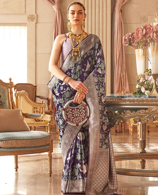 Violet floral & bird printed saree, zari border & pallu of intricate jaal designs