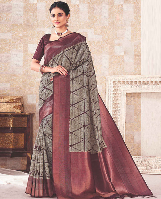 Beige geometric patterned saree, contrast striped border & pallu of plain design