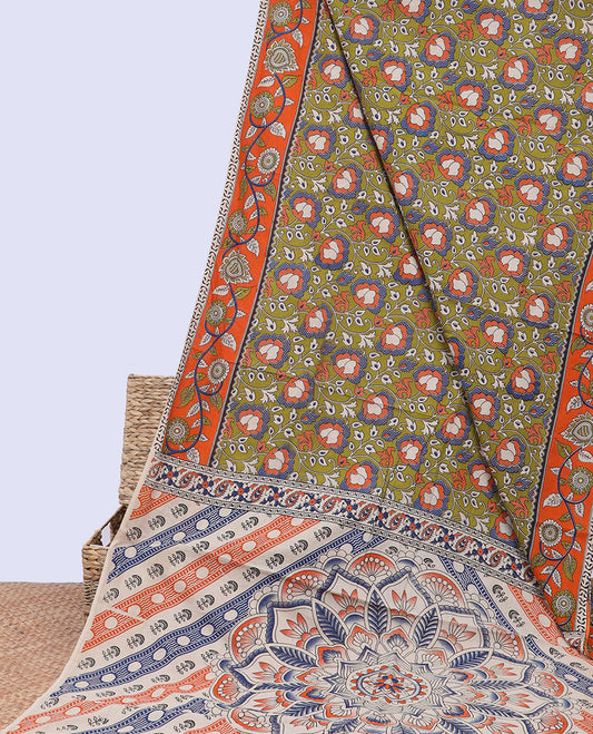 Green floral vine machine-printed kalamkari cotton saree, contrast floral creeper border & pallu of floral designs