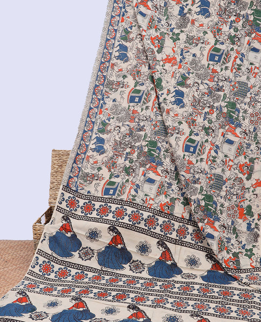 Multi-color village-theme machine-printed kalamkari cotton saree, floral creeper border & pallu of floral & human motifs