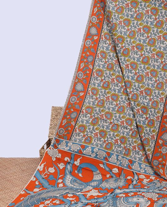 Cream floral vine machine-printed kalamkari cotton saree, contrast floral creeper border & pallu of peacock & elephants