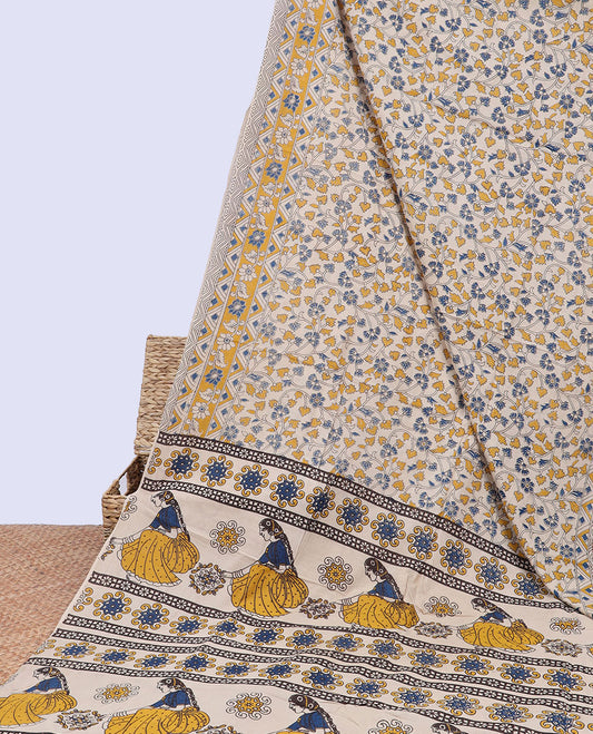 Cream floral vine machine-printed kalamkari cotton saree, floral creeper border & pallu of floral & human motifs