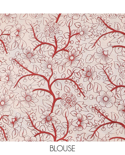 Cream floral vine machine-printed kalamkari cotton saree, floral creeper border & pallu of floral & human motifs