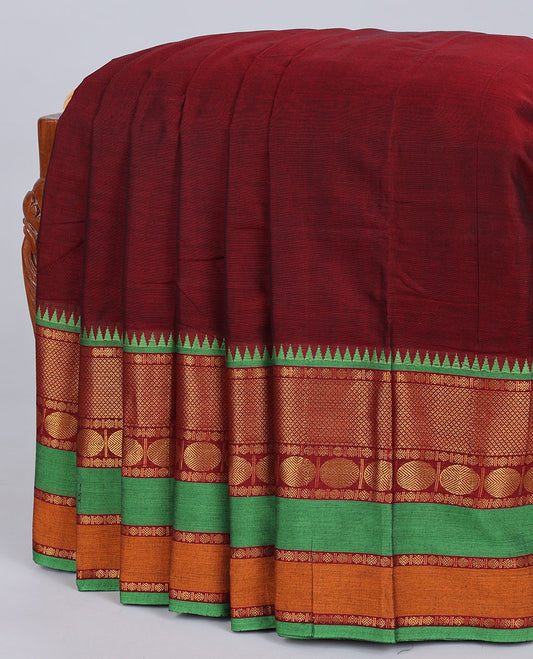 Maroon plain design narayanapet cotton saree, contrast traditional design zari border & pallu of stripes