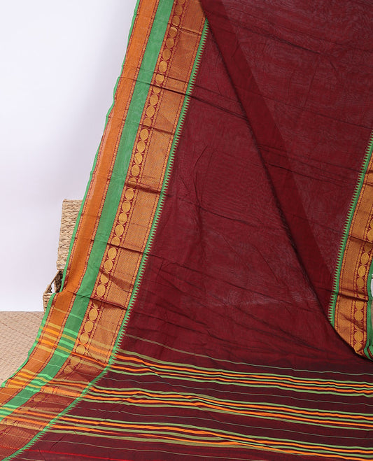 Maroon plain design narayanapet cotton saree, contrast traditional design zari border & pallu of stripes