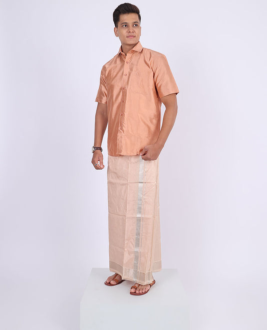 Light sandal kuyil kann zari border double-layer kanchipuram wedding pure silk dhoti