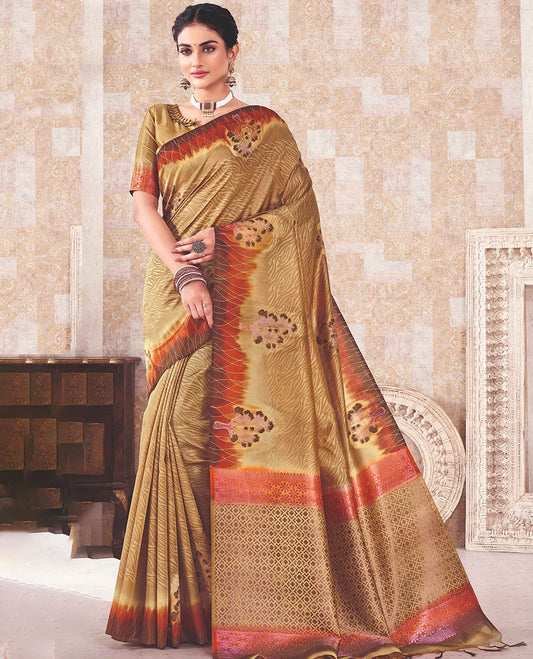 Mustard geometric patterned saree, contrast floral motifs border & pallu of jaal & floral designs 