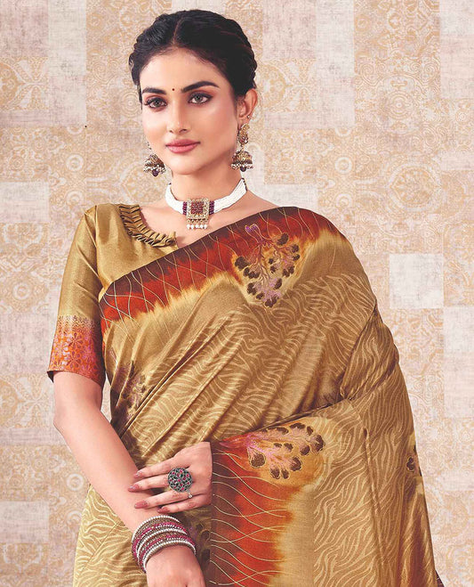 Mustard geometric patterned saree, contrast floral motifs border & pallu of jaal & floral designs 