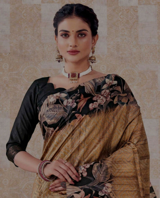 Mustard geometric printed saree, contrast floral printed border & pallu of butta enclosed checked design