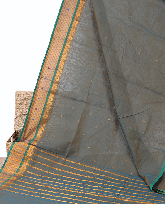 Blue venkatagiri cotton saree with buttas, contrast zari traditional design border & pallu of zari stripes