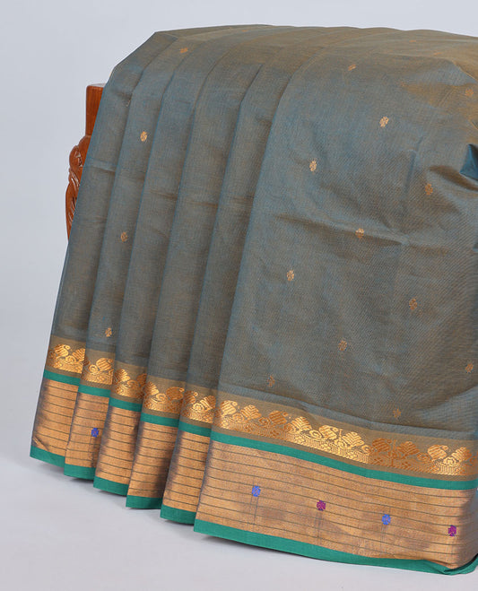 Blue venkatagiri cotton saree with buttas, contrast zari traditional design border & pallu of zari stripes
