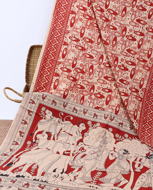 Cream geometric machine printed kalamkari cotton saree, diamond border & pallu of pichwai cow & Radha Krishnan motifs