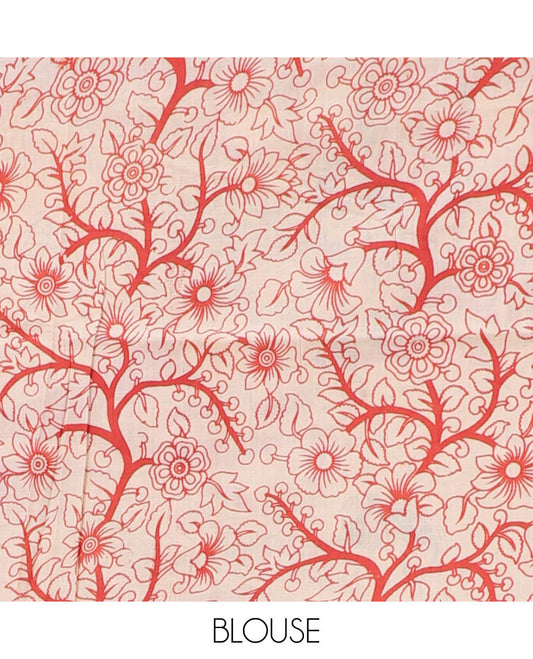 Cream geometric machine printed kalamkari cotton saree, diamond border & pallu of pichwai cow & Radha Krishnan motifs