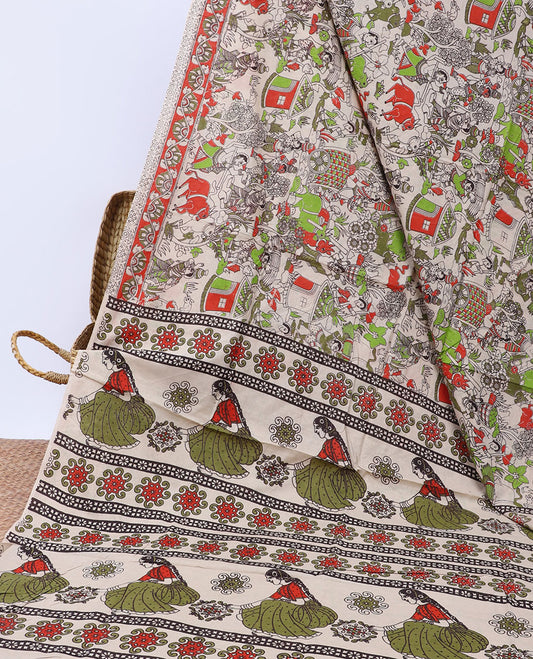 Off-white animal & human machine printed kalamkari cotton saree,floral creeper border & floral & human motif pallu