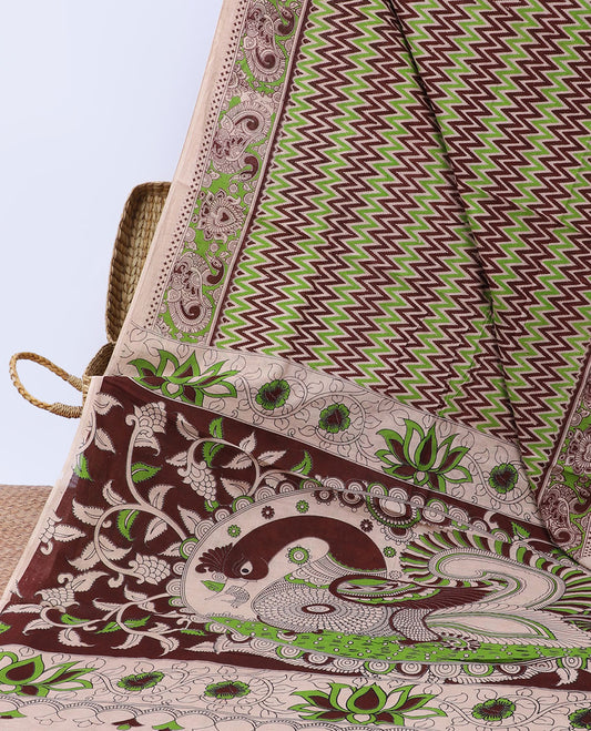 Multi-color chevron stripes machine-printed kalamkari cotton saree, peacock border & pallu of floral & peacock