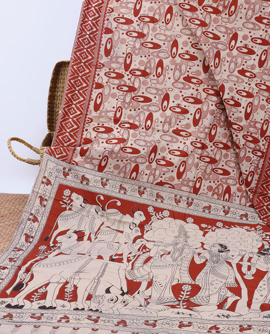 Maroon geometric machine printed kalamkari cotton saree, diamond border & pallu of pichwai cow & Radha Krishnan motifs