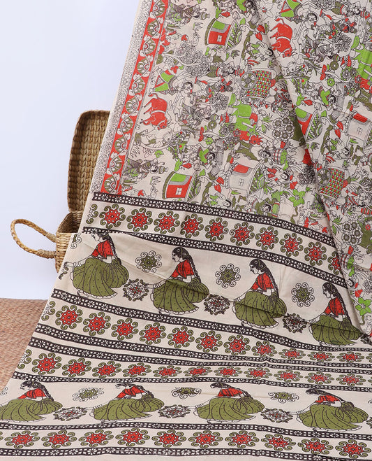 Maroon geometric machine printed kalamkari cotton saree, diamond border & pallu of pichwai cow & Radha Krishnan motifs