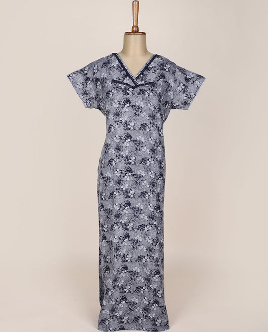 Grey floral & abstract-style printed v-neck half-sleeve nighty