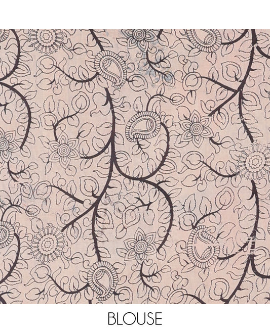 Blue floral vine machine printed kalamkari cotton saree, floral & chevron border & floral & human motifs pallu
