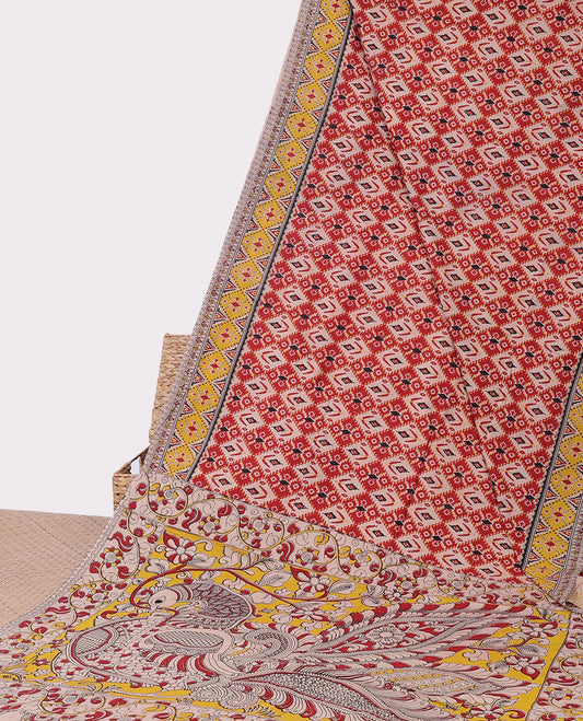 Red ikkat machine printed kalamkari cotton saree, contrast ikkat border & pallu of floral & peacock
