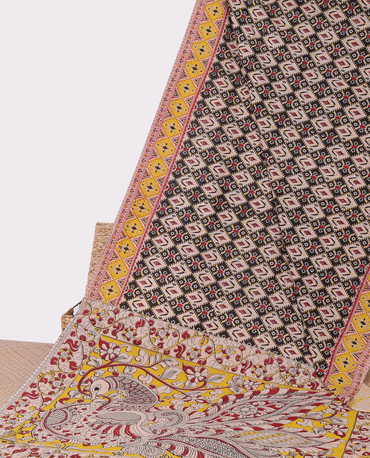 Black ikkat machine printed kalamkari cotton saree, contrast ikkat border & pallu of floral & peacock
