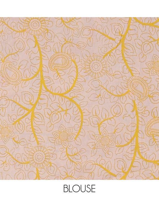 Black ikkat machine printed kalamkari cotton saree, contrast ikkat border & pallu of floral & peacock