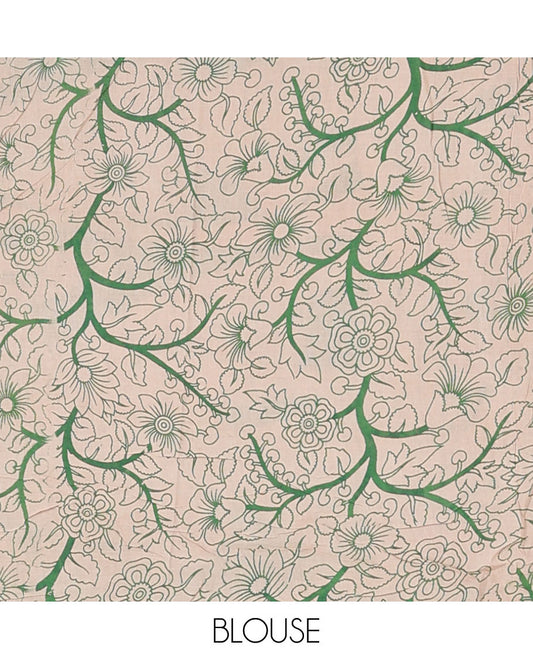 Green geometric machine printed kalamkari cotton saree, diamond border & pallu of pichwai cow & radha krishnan motifs